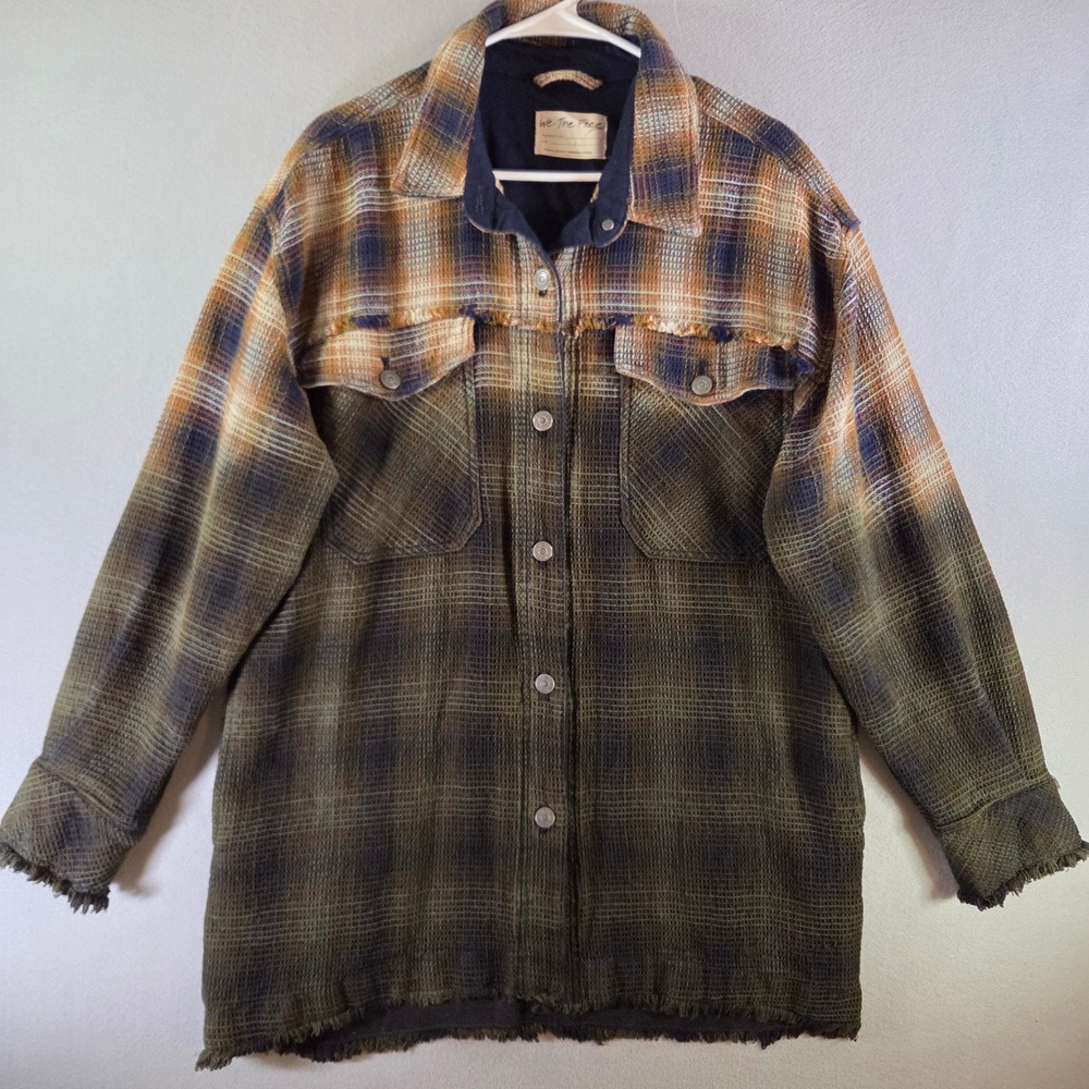 We The Free People Anneli Jacket Plaid Ombre Waffle Knit Shacket Green Large